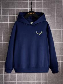 SHEIN 青少年男孩休闲鹿角印花连帽针织运动衫，秋季