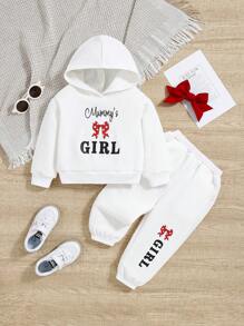 SHEIN 寶寶女孩休閒蝴蝶結圖案帽衫和長袖彈性腰長褲套裝 - 白色 - 查看 1