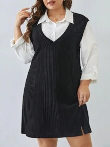 SHEIN Frenchy Plus Size Women's High Slit Knitted Tank Dress And Solid Color Shirt 2pcs/set - Black - View 5