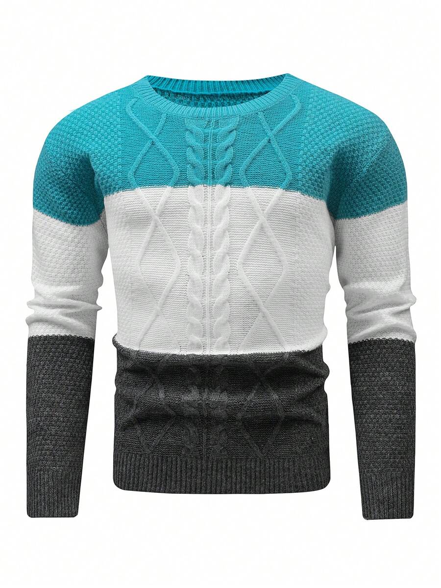 Manfinity Homme Men's Color Block Round Neck Sweater - Mint Green - View 1