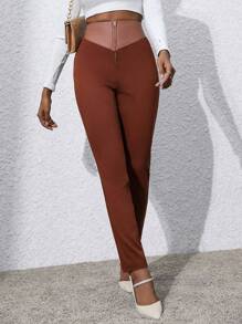 Zolique Zipper And High-Waist Color Block Skinny Pants Fall Cloth For Women - Brown - View 4
