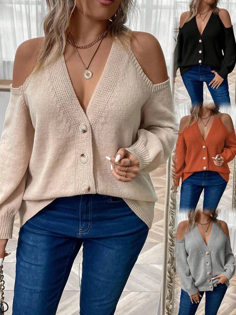 SHEIN LUNE Hơn Vai lạnh Nút phía trước Áo len Mở - màu đen - Xem 1