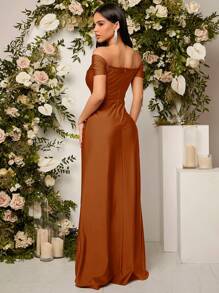 SHEIN Belle Vestido de dama de honor con hombros descubiertos, fruncido y abertura alta, elegante vestido formal para eventos de noche, fiesta de graduación, cena y bodas - Óxido marrón - Ver 2