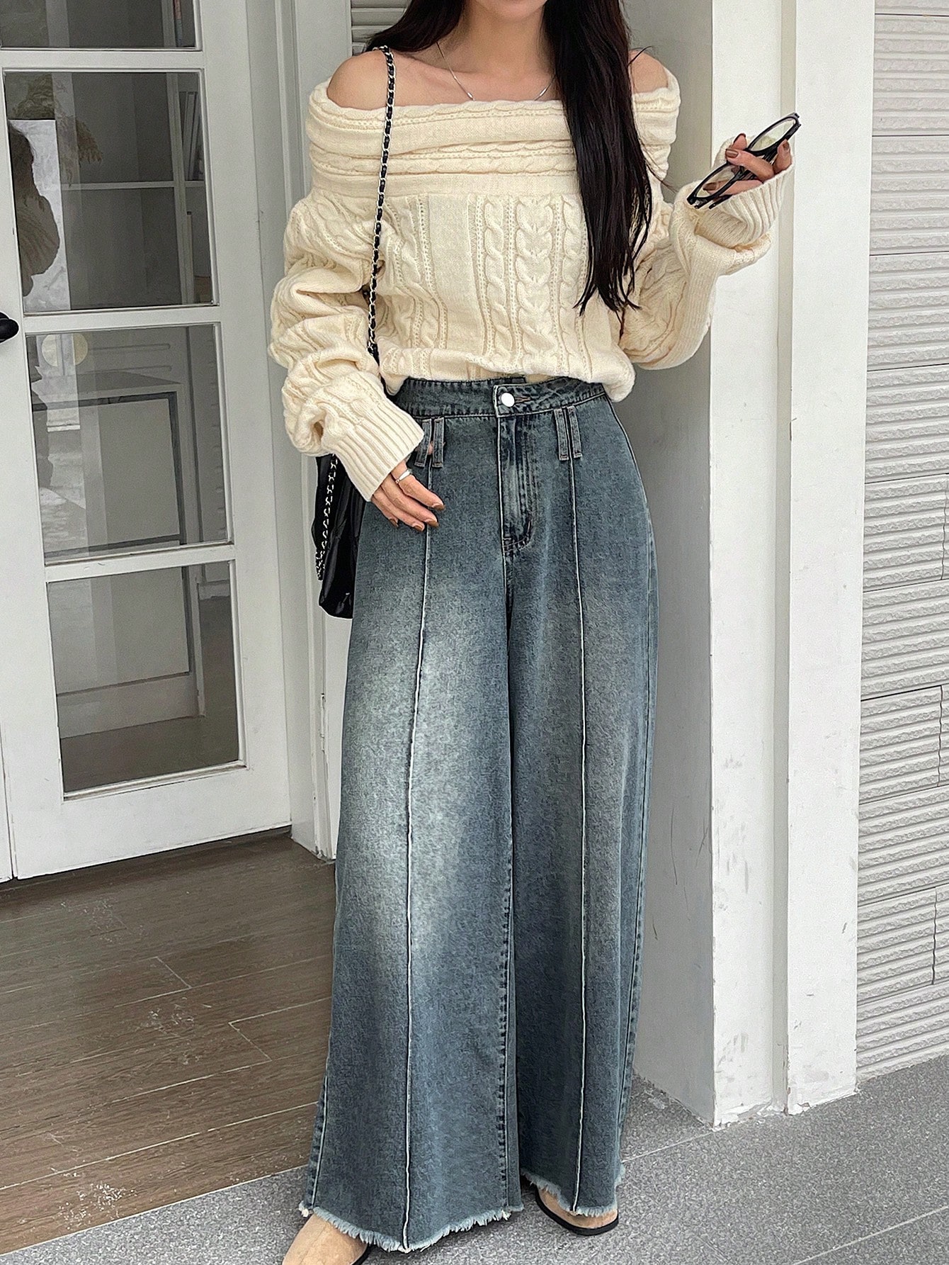 DAZY بنطلون جينز نسائي واسع مع حافة مبرودة، جينز و...