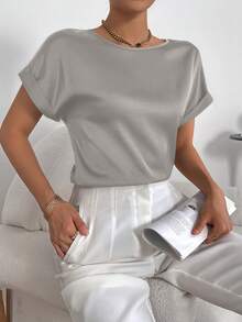 SHEIN Essnce Women's Solid Color Round Neck Casual Short Sleeve Blouse - Grey - View 6