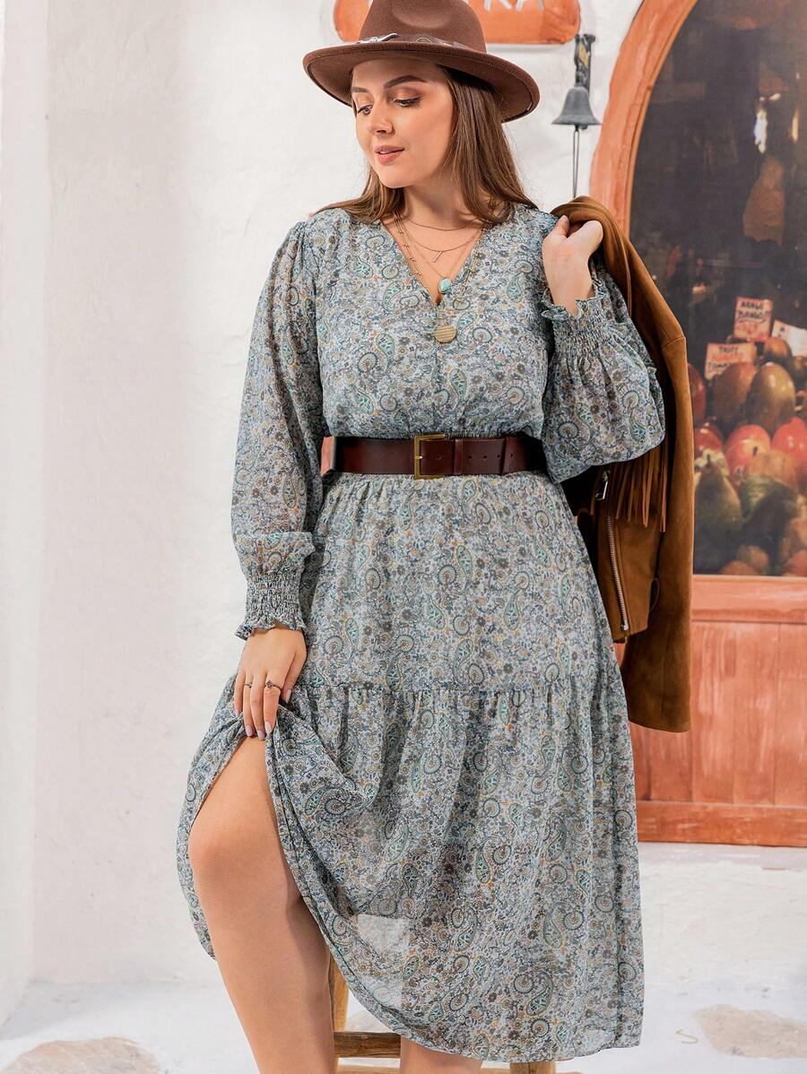 Rusttydustty Talla grande Vestido con estampado de paisley bajo con fruncido sin cinturón - Verde - Ver 1