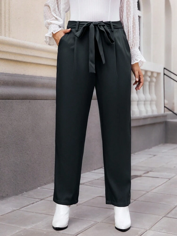 Plus Size Straight High Waist Belted Pants