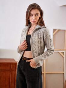 Anewsta Ngắn Thon gọn Dây kéo Xoắn Dan Áo len Mở - Lạc đà - Xem 5