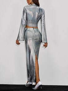 Allurite V領,泡泡袖,連帶綁帶前面設計上衣和褶皺裙子套裝