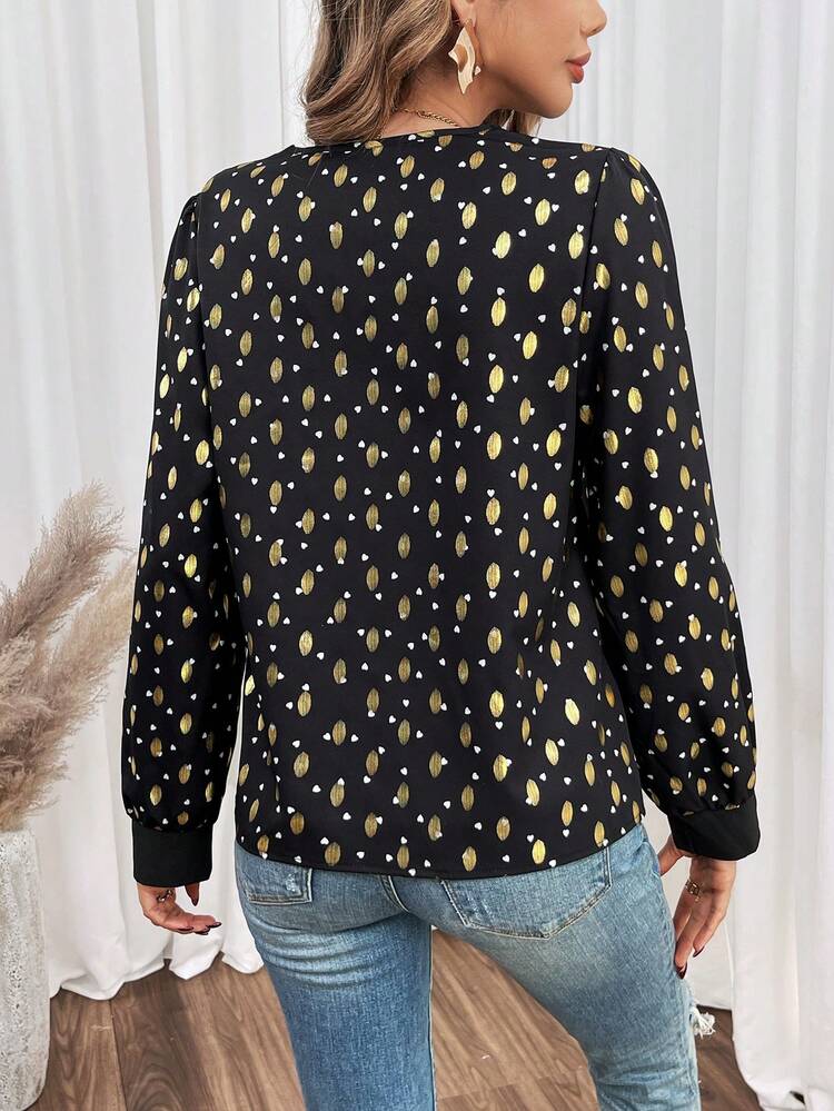 Ladies Printed Zipper Closure Half-Placket Shirt Winter Casual