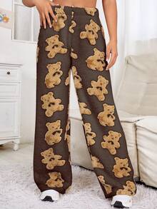 SHEIN EZwear Women's Knitted Pants With Bear Pattern - Coffee Brown - View 5
