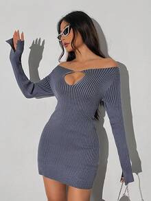 SHEIN Unity Women's Off Shoulder Knitted Sweater Dress With Chain Detail And Hollow Out Ribbed Design - Royal Blue - View 6