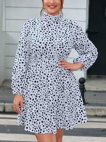 SHEIN Privé Women's Elegant Polka Dot Stand Collar Plus Size Dress - Black and White - View 3