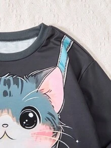 SHEIN Cô gái Tween Giải trí Và Dễ thương Quần yếm Mèo in Áo nỉ - Nhiều màu - Xem 6