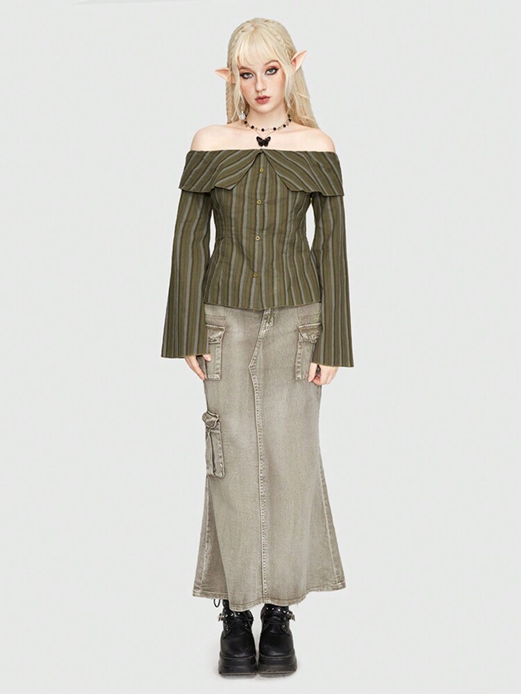 ROMWE Fairycore In sọc Off Shoulder Tay áo chuông Áo - Nhiều màu - Xem 3