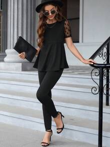 SHEIN Clasi Women's Mesh Short Sleeve Ruffle Hem Top And Pants Set - Black - View 3