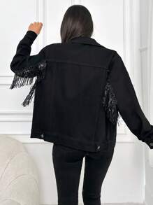Chaqueta De Mezclilla Con Brillo Y Flecos Para Mujeres Con Botones Delanteros - Negro - Ver 2