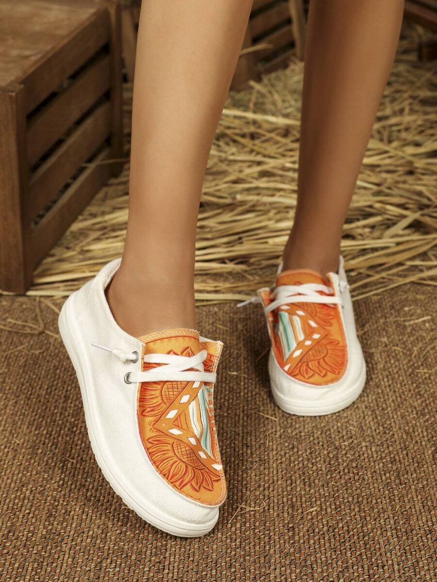 White And Orange Flower & Geometric Pattern Flat Shoes Sports Shoes Casual Shoes Tainers - Burnt Orange - View 1