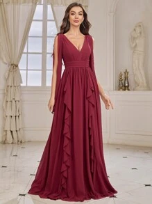 SHEIN Belle Adult Bridesmaid Dress With Fluttering Ribbon V Neck And Ruffle Hem - Burgundy - View 2