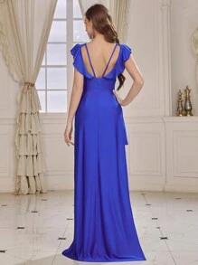 SHEIN Belle Bridesmaid Dress With Deep V-Neck, Ruffled Edge And Asymmetrical Hem - Blue - View 1