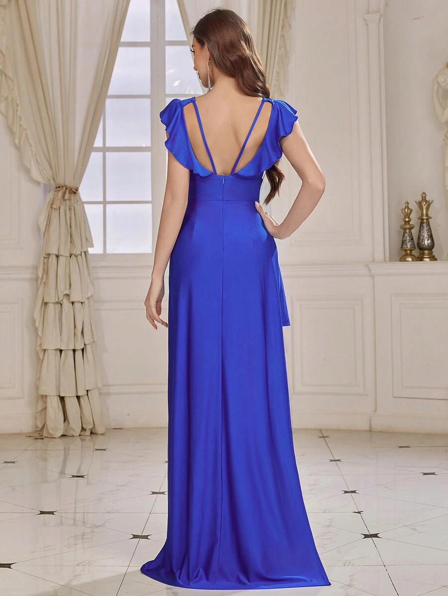SHEIN Belle Bridesmaid Dress With Deep V-Neck, Ruffled Edge And Asymmetrical Hem - Blue - View 1
