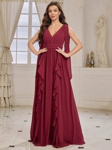 SHEIN Belle Adult Bridesmaid Dress With Fluttering Ribbon V Neck And Ruffle Hem - Burgundy - View 5