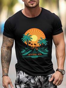 男士椰子樹字母圖案印花短袖 T 卹 - 黑色 - 查看 1