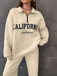 SHEIN Unity 女士半拉鍊前面印花套裝 - 杏色 - 查看 3