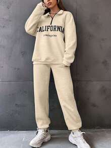 SHEIN Unity 女士半拉鍊前面印花套裝 - 杏色 - 查看 4