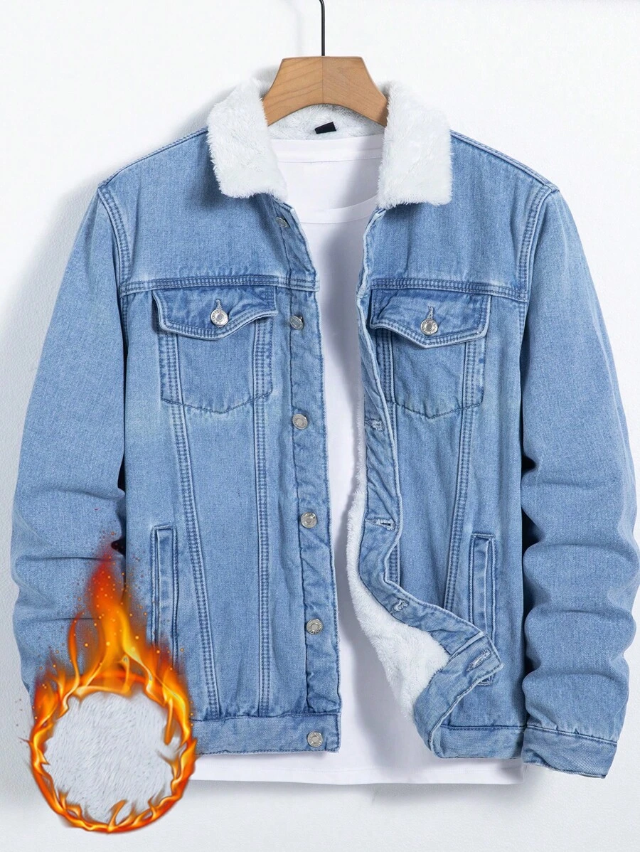 Manfinity Homme Men's Thermal Lined Denim Jacket With Flap Pockets - Medium Wash - View 1