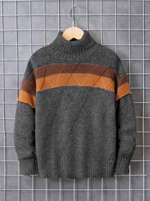 男孩時尚高領毛衣,幾何圖案和雙色調 - 灰色 - 查看 1