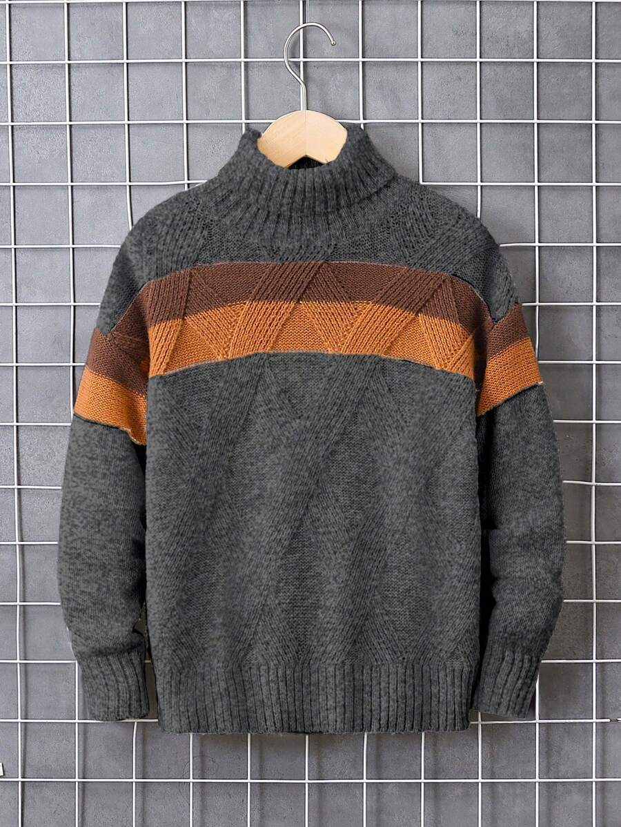 男孩時尚高領毛衣,幾何圖案和雙色調 - 灰色 - 查看 1