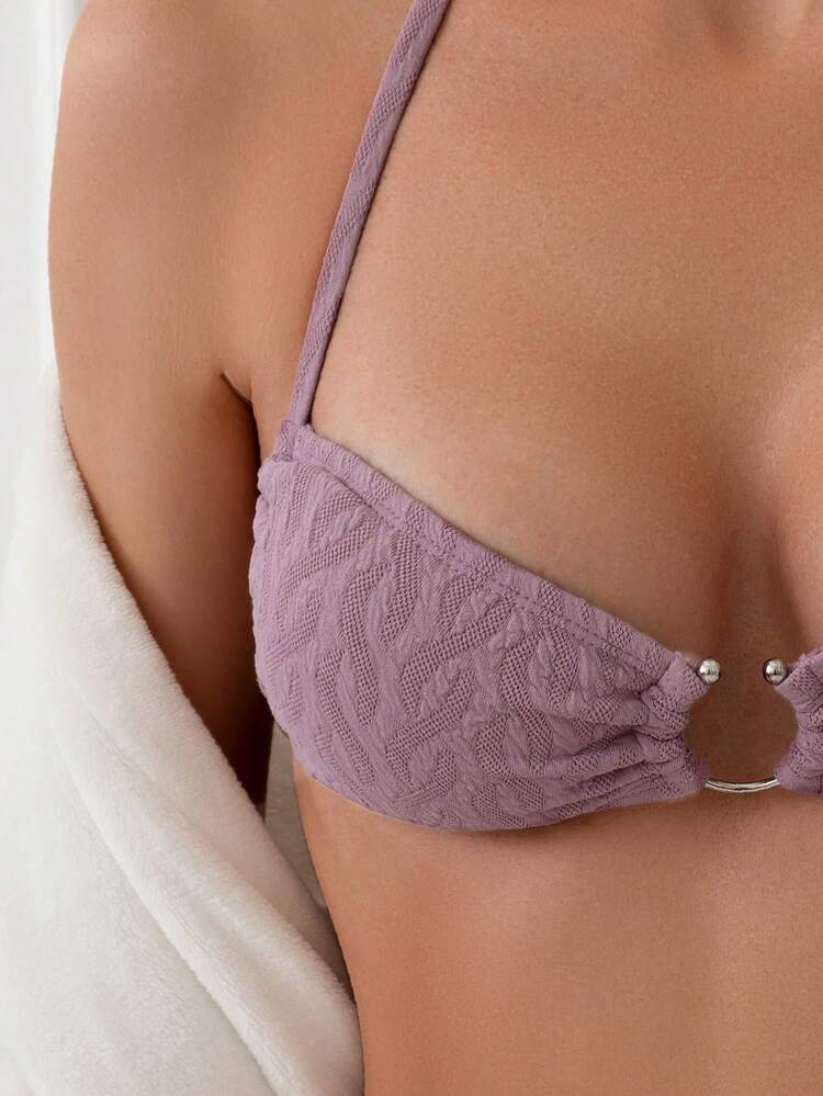 Summer Women's Jacquard Ring Detail Halter Neck Bikini Set