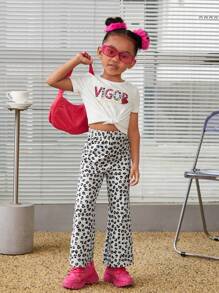 女童日常休閒針織短袖圓領上衣和短褲套裝,適用於家居 - 彩色 - 查看 1