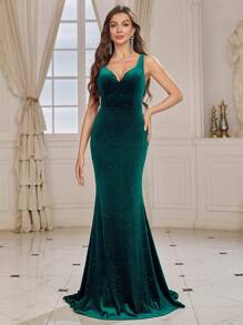 SHEIN Belle Women's Velvet Bodycon Mermaid Evening Dress With Cross Strap Back And Backless Design - Green - View 6