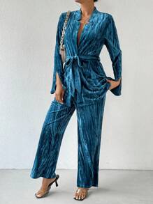 SHEIN Privé Xếp li Nhung Đứng cổ áo Thắt lưng áo Và Quần Bộ - Màu xanh ngọc - Xem 5