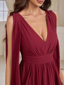 SHEIN Belle Adult Bridesmaid Dress With Fluttering Ribbon V Neck And Ruffle Hem - Burgundy - View 7