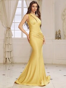 SHEIN Belle Women's One Shoulder/slanted Shoulder Hollowed-out Front Ruffle Waist Fish Tail Evening Dress (heavy Weight) - Yellow - View 6