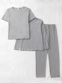 Three-Piece Solid Color Ribbed Pajamas Set For Tween Girls - Grey - View 1