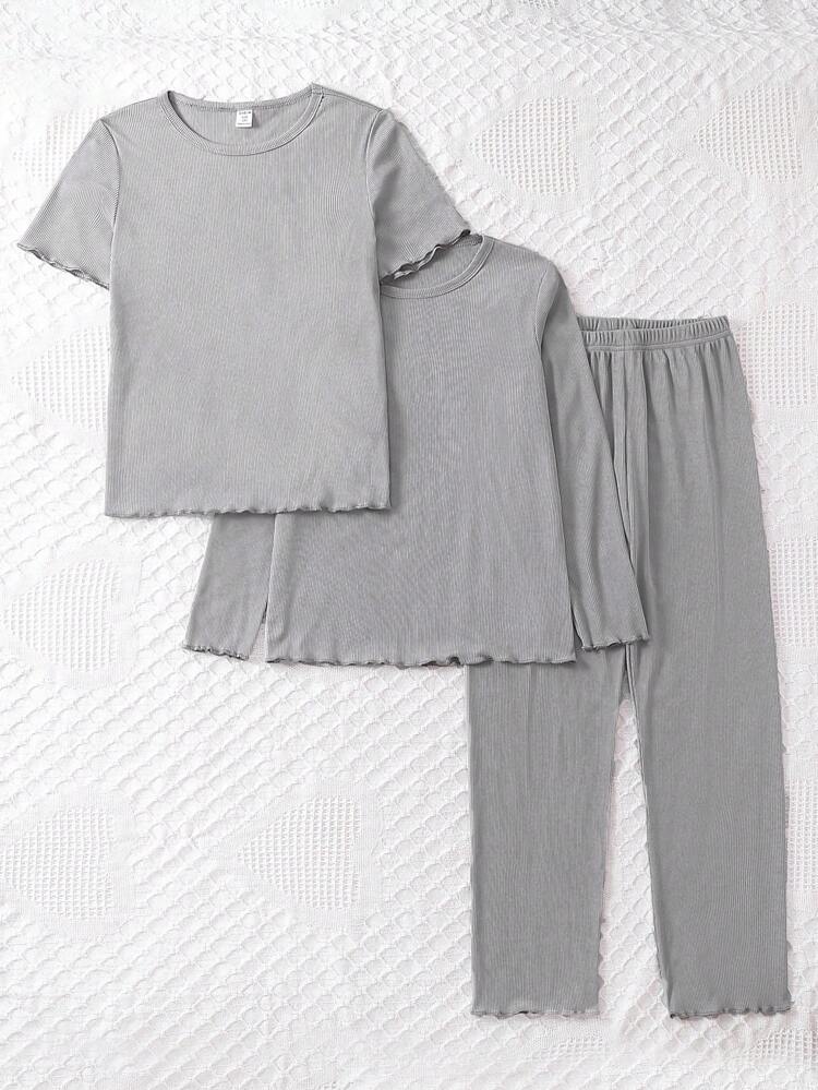 Three-Piece Solid Color Ribbed Pajamas Set For Tween Girls