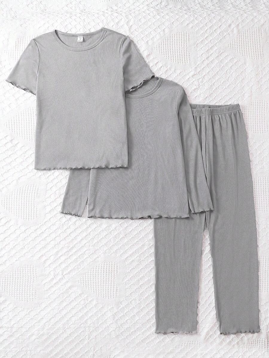 Three-Piece Solid Color Ribbed Pajamas Set For Tween Girls - Grey - View 1