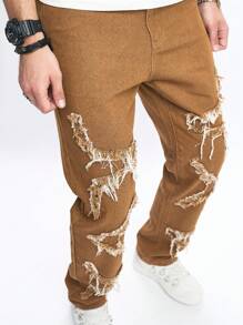 Manfinity Roghcode 男士棕色流蘇設計牛仔褲