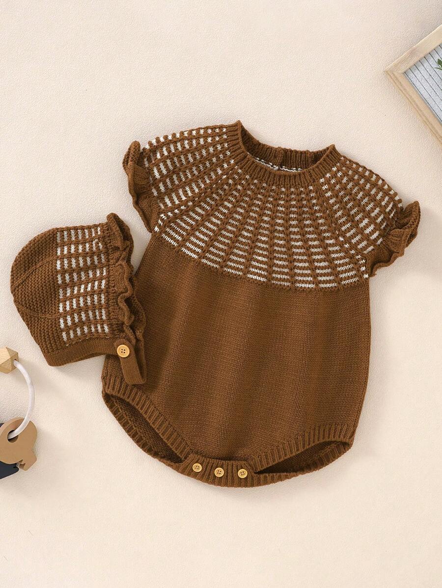 女嬰毛衣連身衣,插肩袖設計,搭配配套帽子 - 咖啡棕 - 查看 1