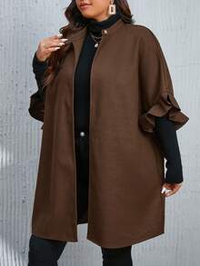Plus Size Women's Woolen Coat With Flounce Sleeves And Single-Breasted Button Design - Coffee Brown - View 5