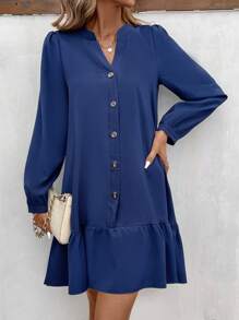 EMERY ROSE Women's Solid Color Lantern Sleeve Dress With Ruffled Hemline - Navy Blue - View 1