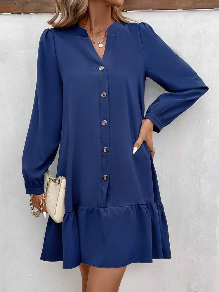 Women's Solid Color Lantern Sleeve Dress With Ruffled Hemline