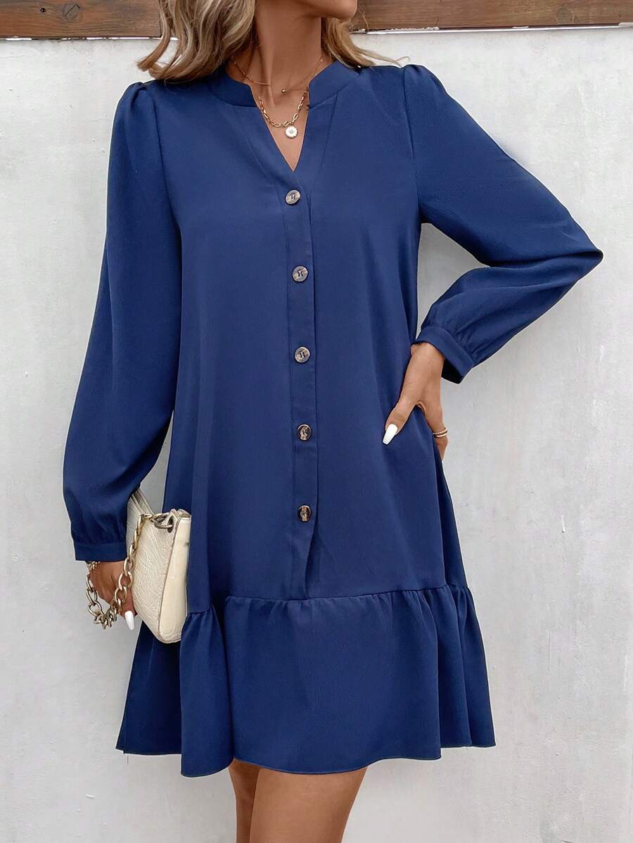 EMERY ROSE Women's Solid Color Lantern Sleeve Dress With Ruffled Hemline - Navy Blue - View 1