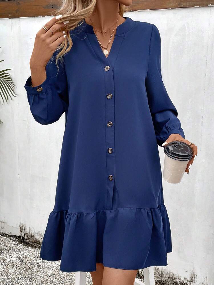 Women's Solid Color Lantern Sleeve Dress With Ruffled Hemline