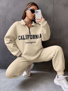 SHEIN Unity 女士半拉鍊前面印花套裝 - 杏色 - 查看 1