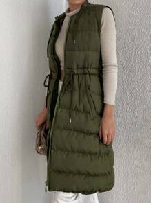 EURMUSE Drawstring Waist Zipper Hooded Vest Puffer Coat - Army Green - View 3
